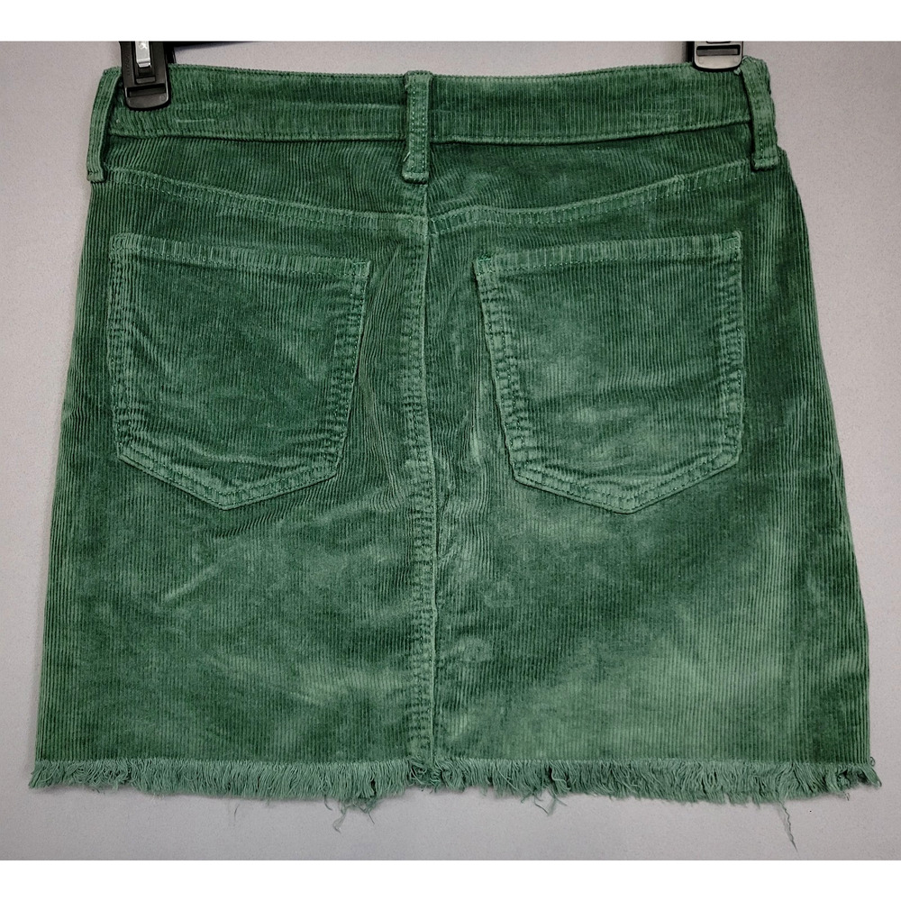 So Corduroy Mini Skirt Womens 7/28W Green Raw Hem Frayed Pockets Stretches - Picture 10 of 11